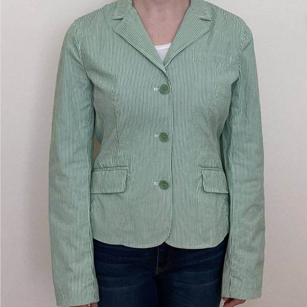 Theory Green / White Striped Cotton Blazer Size 10